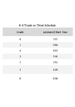 This is the schedule for PCK's annual Trunk-or-Treat event for 2025